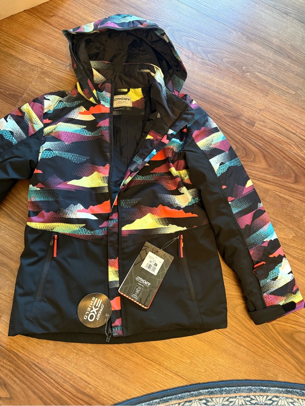 Spyder Kids Black with Multicolor Print Full Ski Set Jacket, Pant, and Pullover